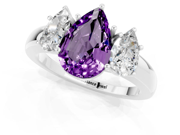 Platinum Pear Cut Amethyst Three-Stone Ring with Four-Prong Setting and Classic Band