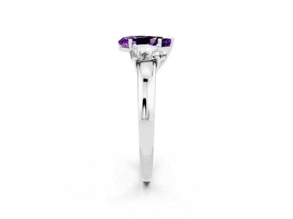 Platinum Pear Cut Amethyst Three-Stone Ring with Four-Prong Setting and Classic Band