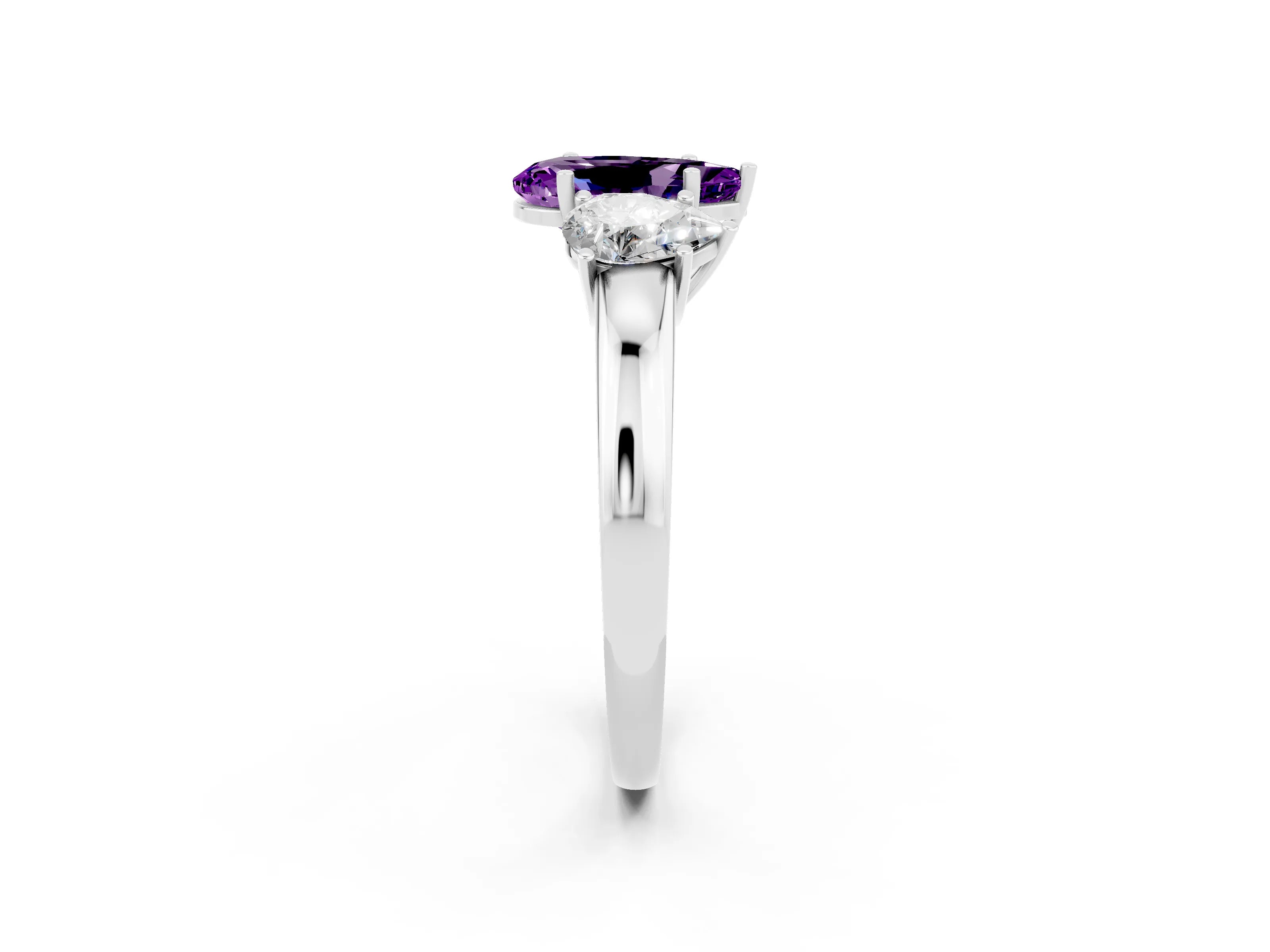 White gold Pear Cut Amethyst Three-Stone Ring with Four-Prong Setting and Classic Band_2