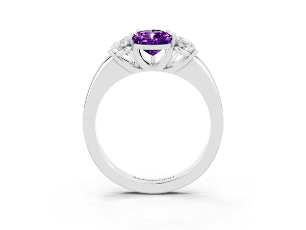 Silver Pear Cut Amethyst Three-Stone Ring with Four-Prong Setting and Classic Band