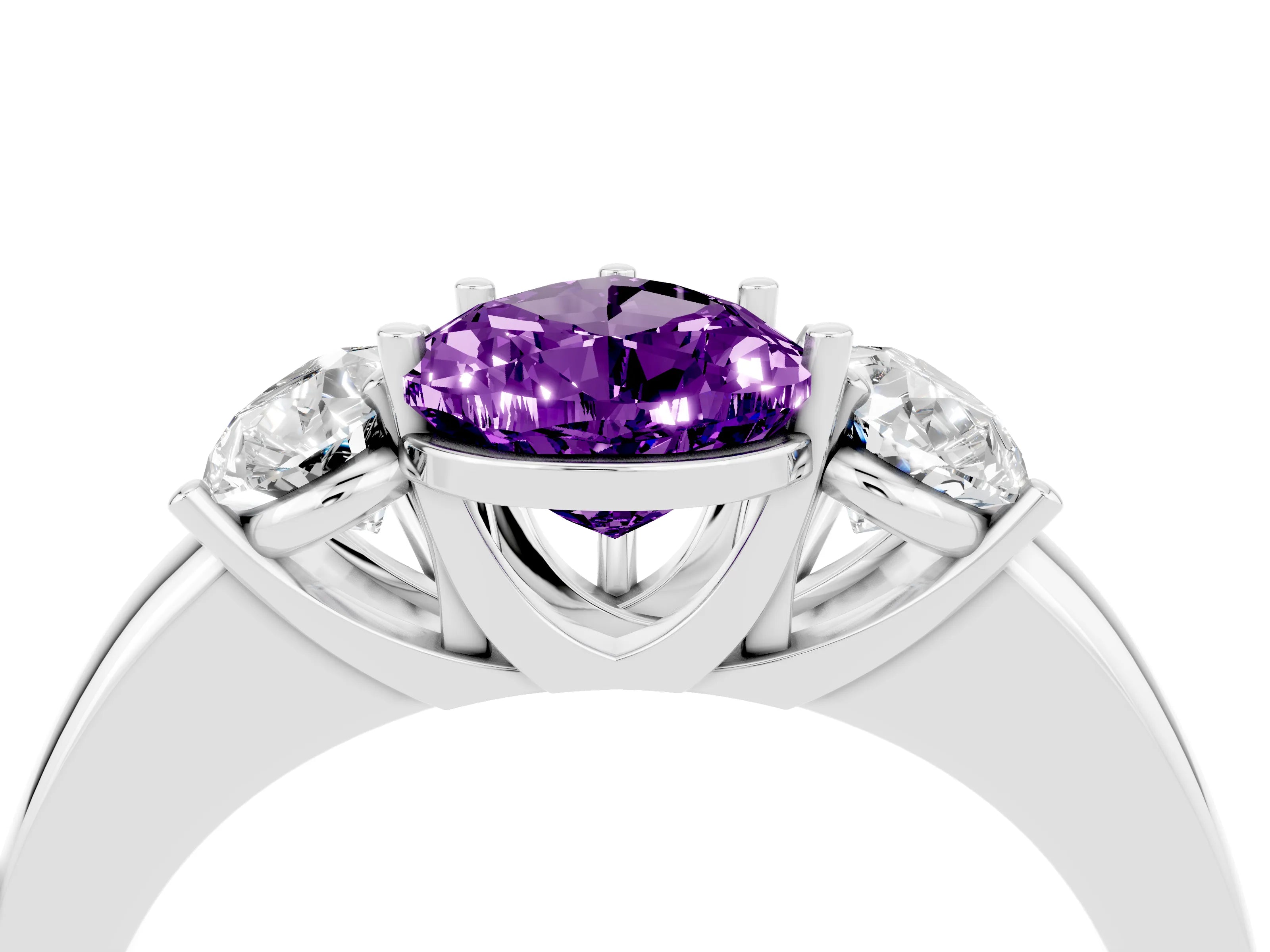 White gold Pear Cut Amethyst Three-Stone Ring with Four-Prong Setting and Classic Band_4