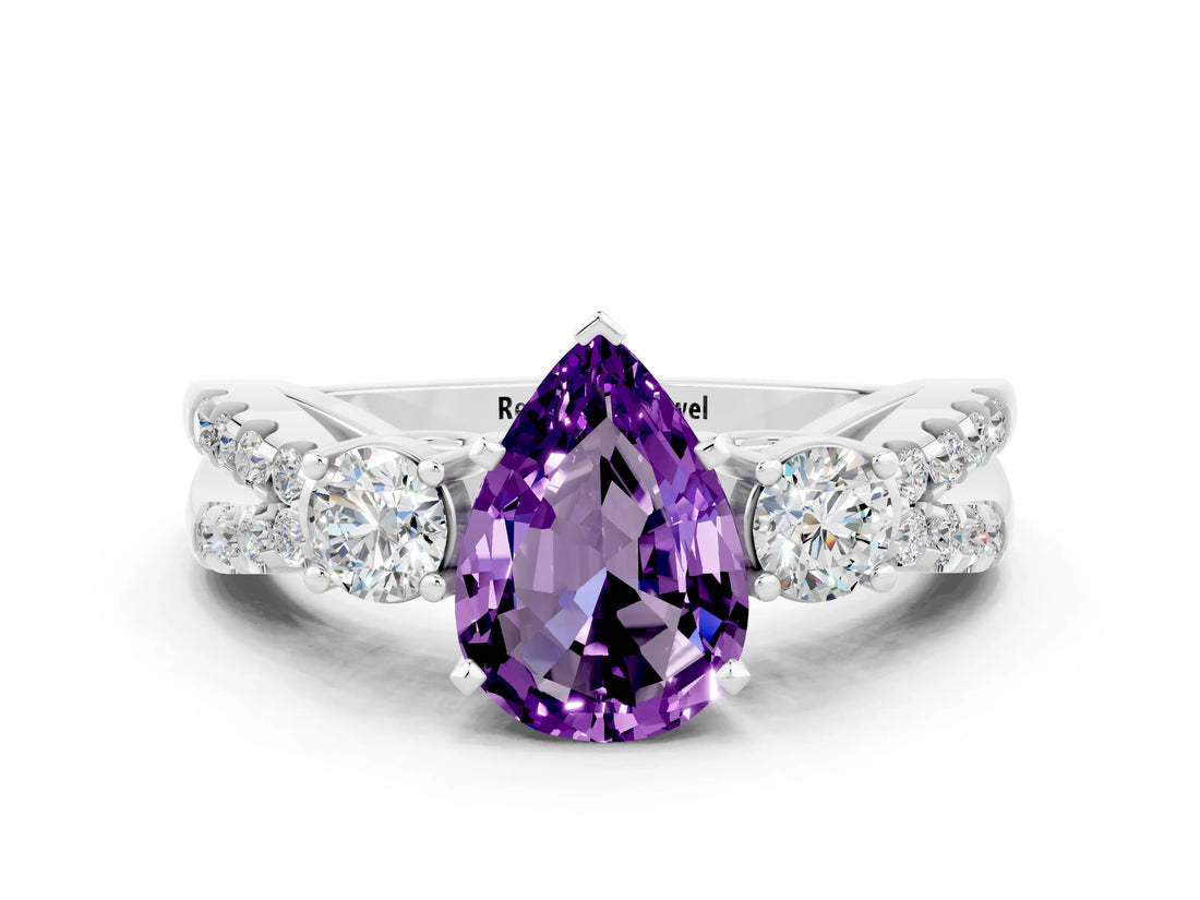 White gold Pear Cut Amethyst Three-Stone Ring with Pavé Split Shank and Four-Prong Setting_12