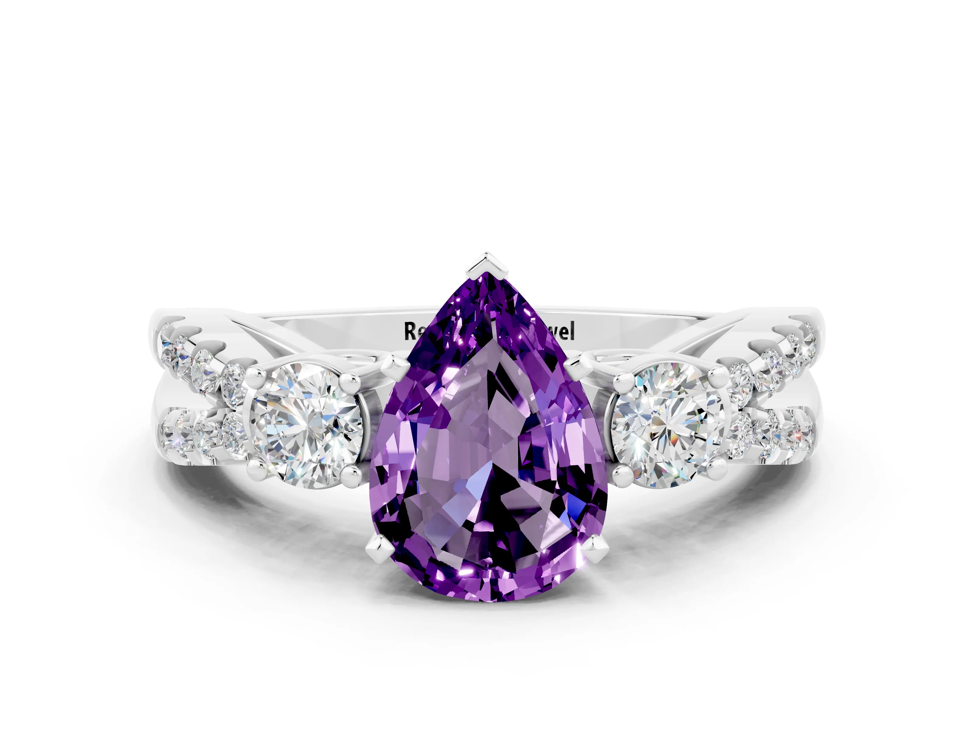 White gold Pear Cut Amethyst Three-Stone Ring with Pavé Split Shank and Four-Prong Setting_12