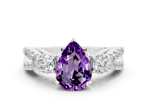 White gold Pear Cut Amethyst Three-Stone Ring with Pavé Split Shank and Four-Prong Setting_12