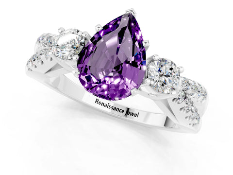 White gold Pear Cut Amethyst Three-Stone Ring with Pavé Split Shank and Four-Prong Setting_13
