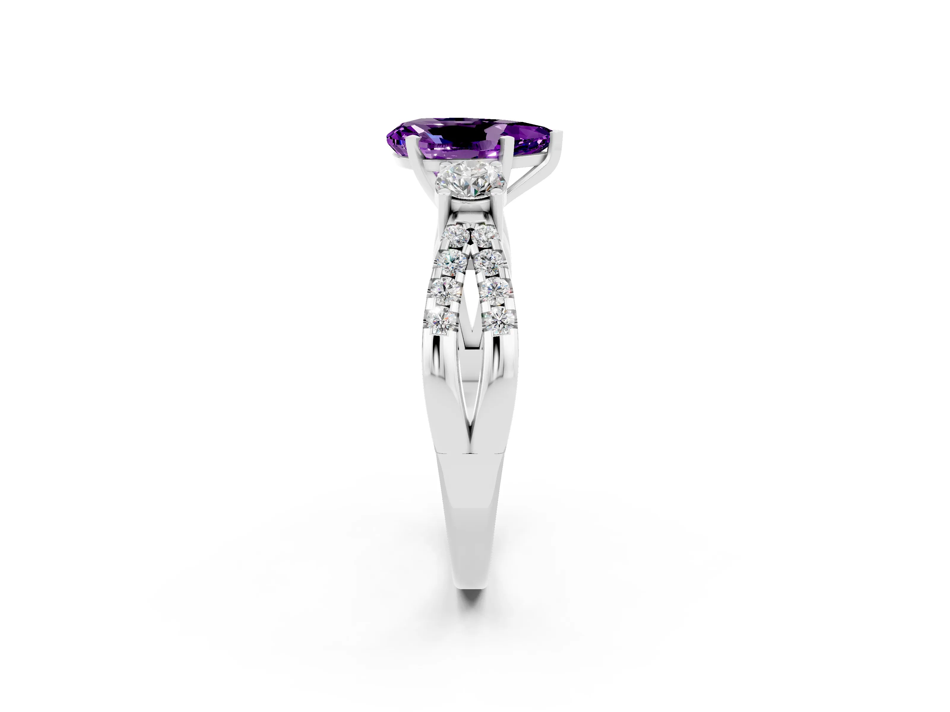 White gold Pear Cut Amethyst Three-Stone Ring with Pavé Split Shank and Four-Prong Setting_14