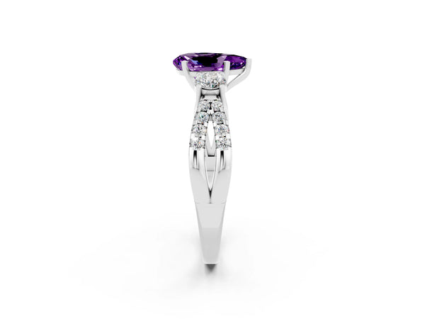 Silver Pear Cut Amethyst Three-Stone Ring with Pavé Split Shank and Four-Prong Setting