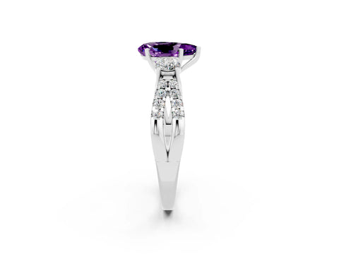 White gold Pear Cut Amethyst Three-Stone Ring with Pavé Split Shank and Four-Prong Setting_14