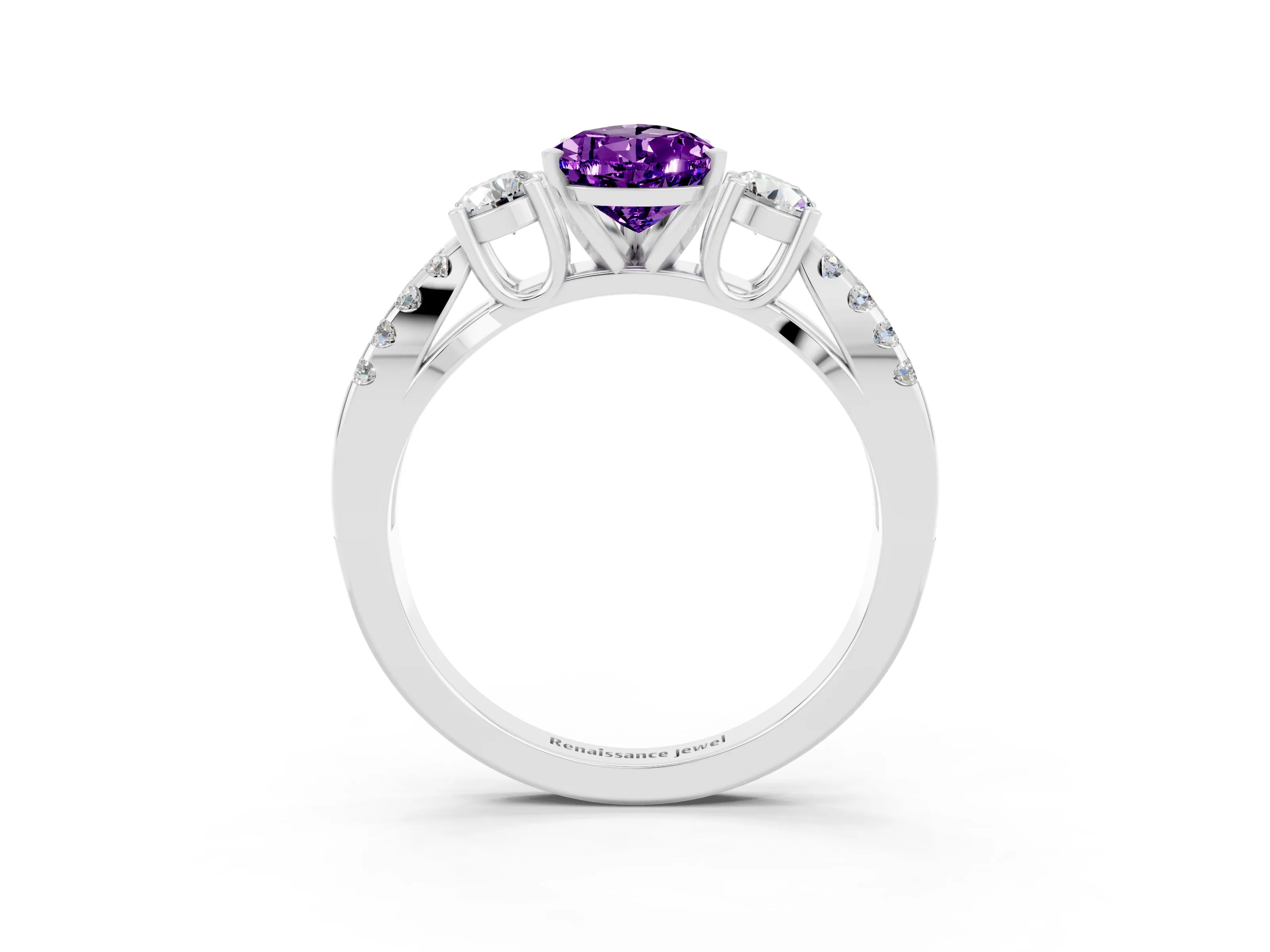 White gold Pear Cut Amethyst Three-Stone Ring with Pavé Split Shank and Four-Prong Setting_15