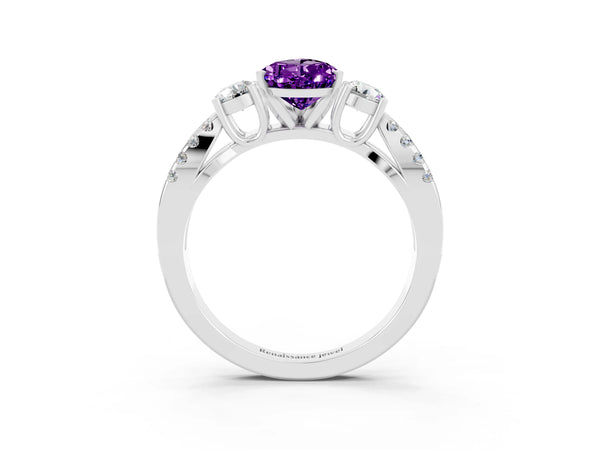 Silver Pear Cut Amethyst Three-Stone Ring with Pavé Split Shank and Four-Prong Setting