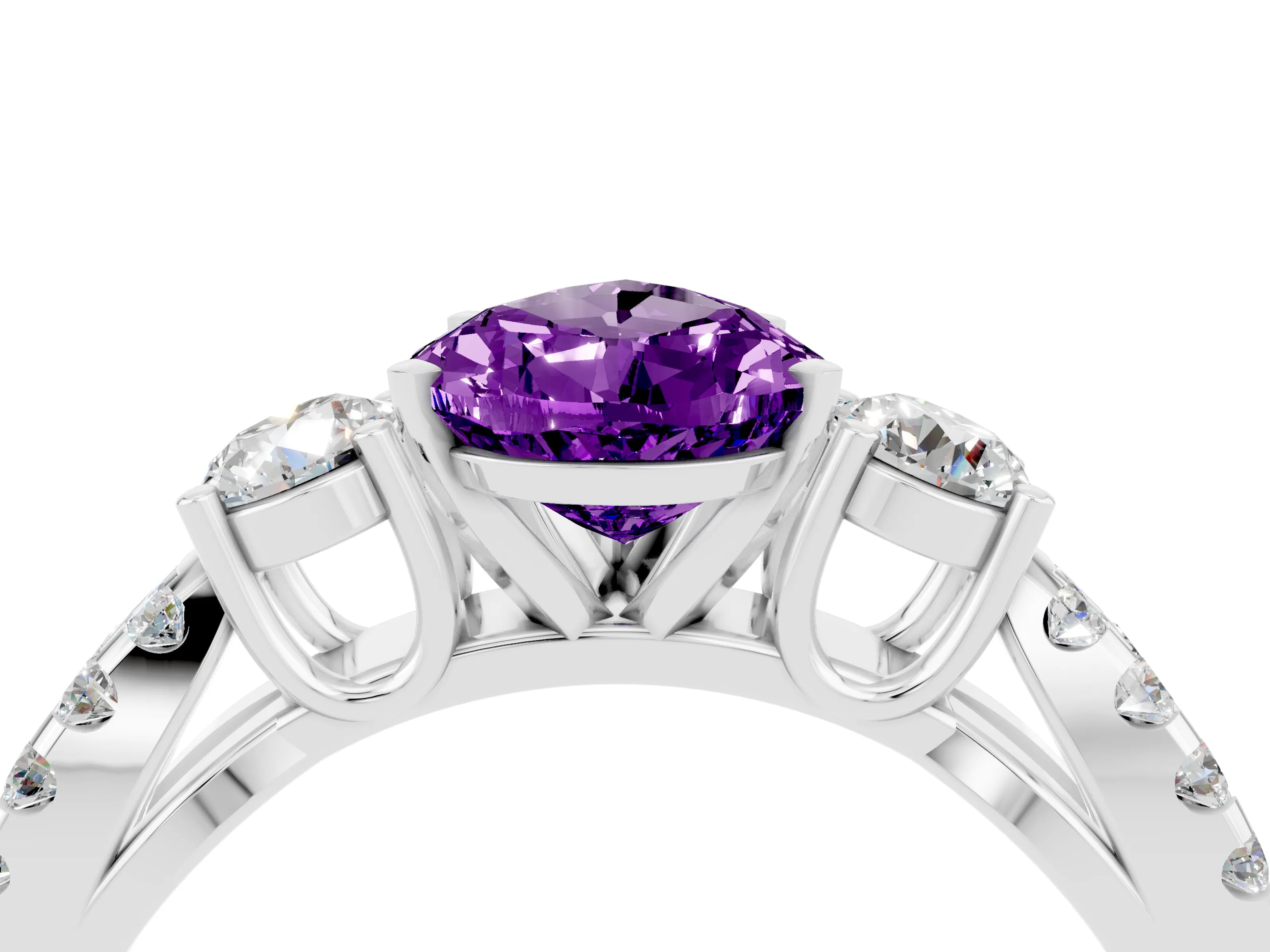 White gold Pear Cut Amethyst Three-Stone Ring with Pavé Split Shank and Four-Prong Setting_16