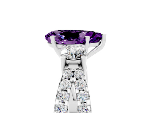 White gold Pear Cut Amethyst Three-Stone Ring with Pavé Split Shank and Four-Prong Setting_17