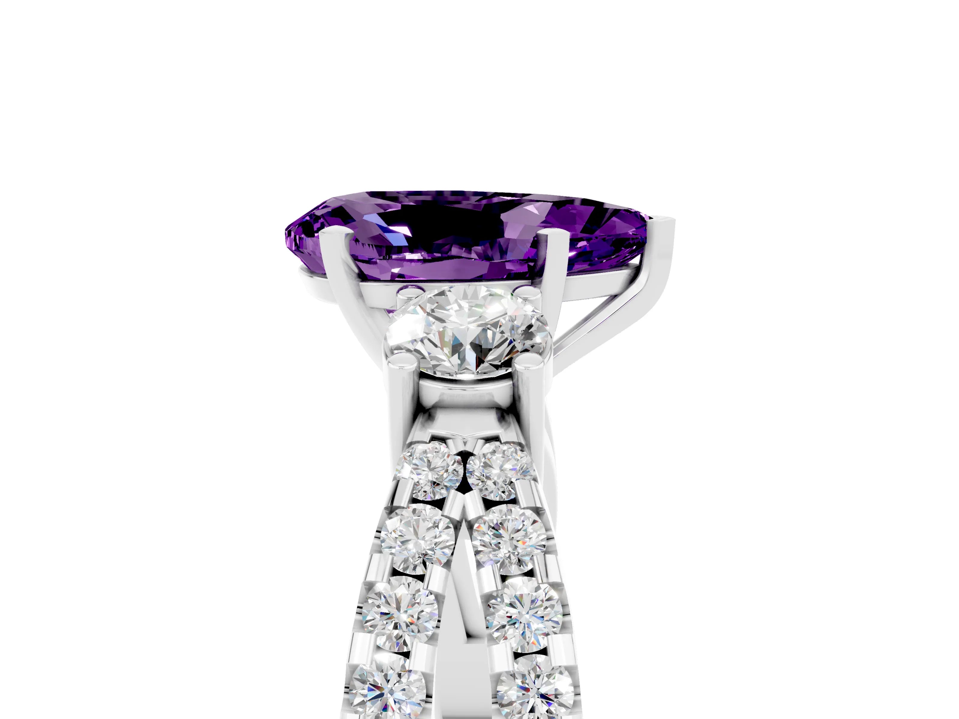 White gold Pear Cut Amethyst Three-Stone Ring with Pavé Split Shank and Four-Prong Setting_17