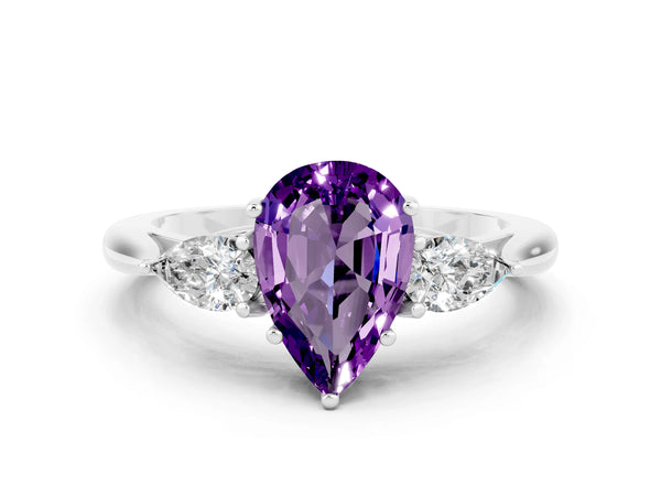Platinum Pear Cut Amethyst Three-Stone Ring with Pear Side Stones and Prong Setting