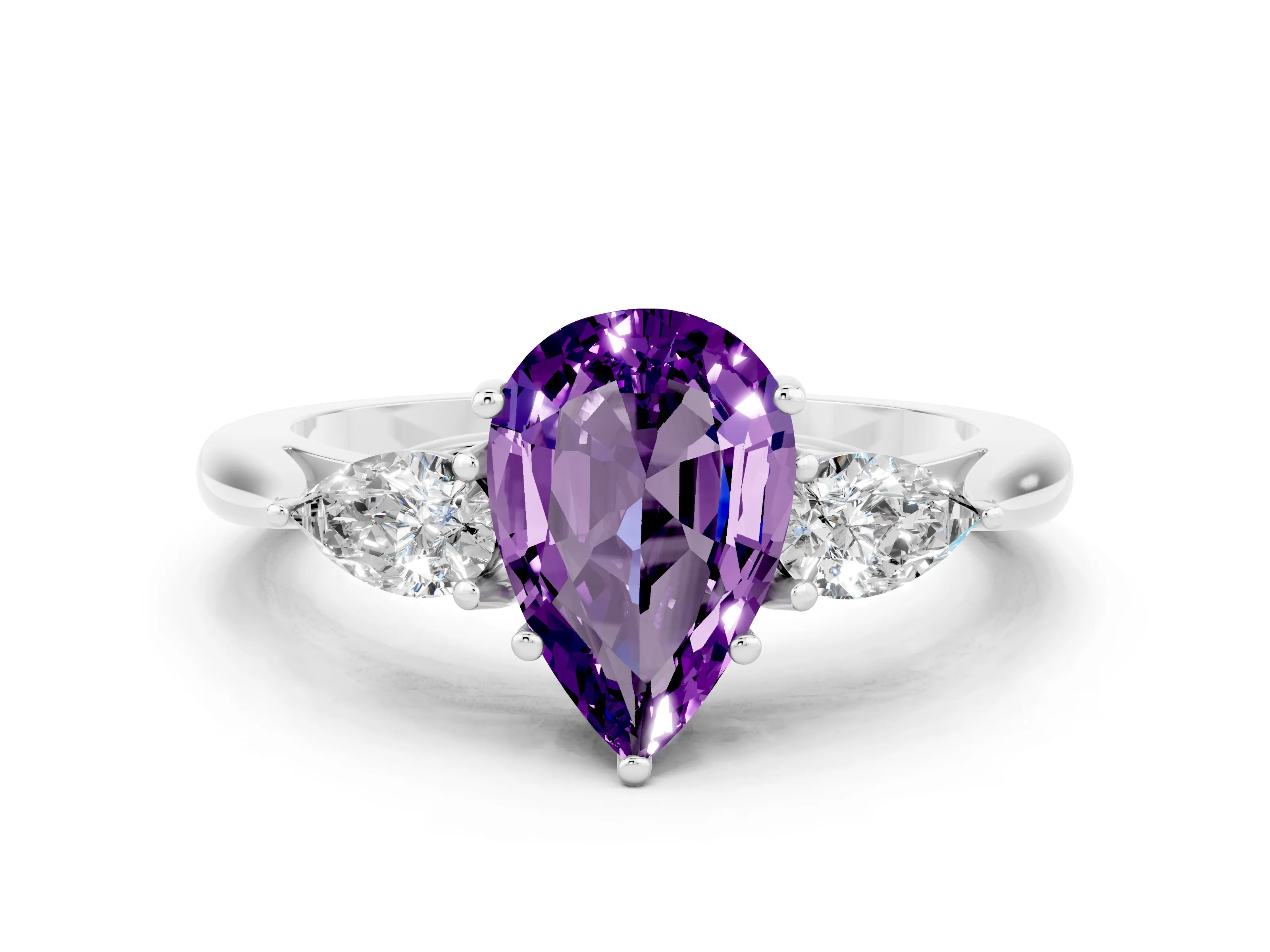 White gold Pear Cut Amethyst Three-Stone Ring with Pear Side Stones and Four-Prong Setting_12