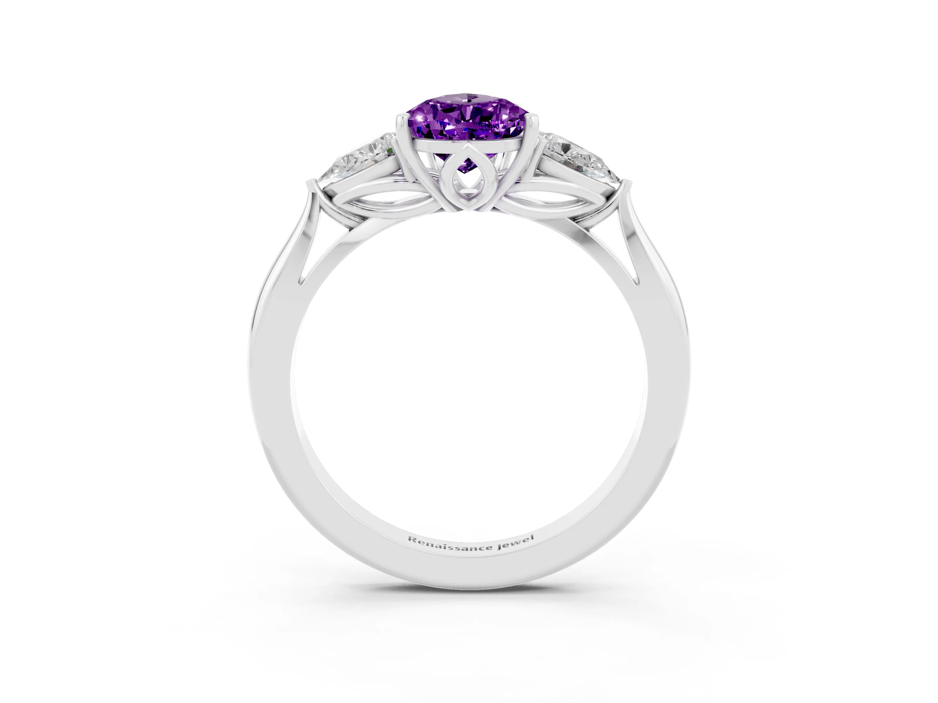 White gold Pear Cut Amethyst Three-Stone Ring with Pear Side Stones and Four-Prong Setting_15