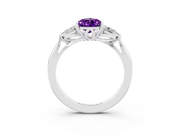Platinum Pear Cut Amethyst Three-Stone Ring with Pear Side Stones and Prong Setting
