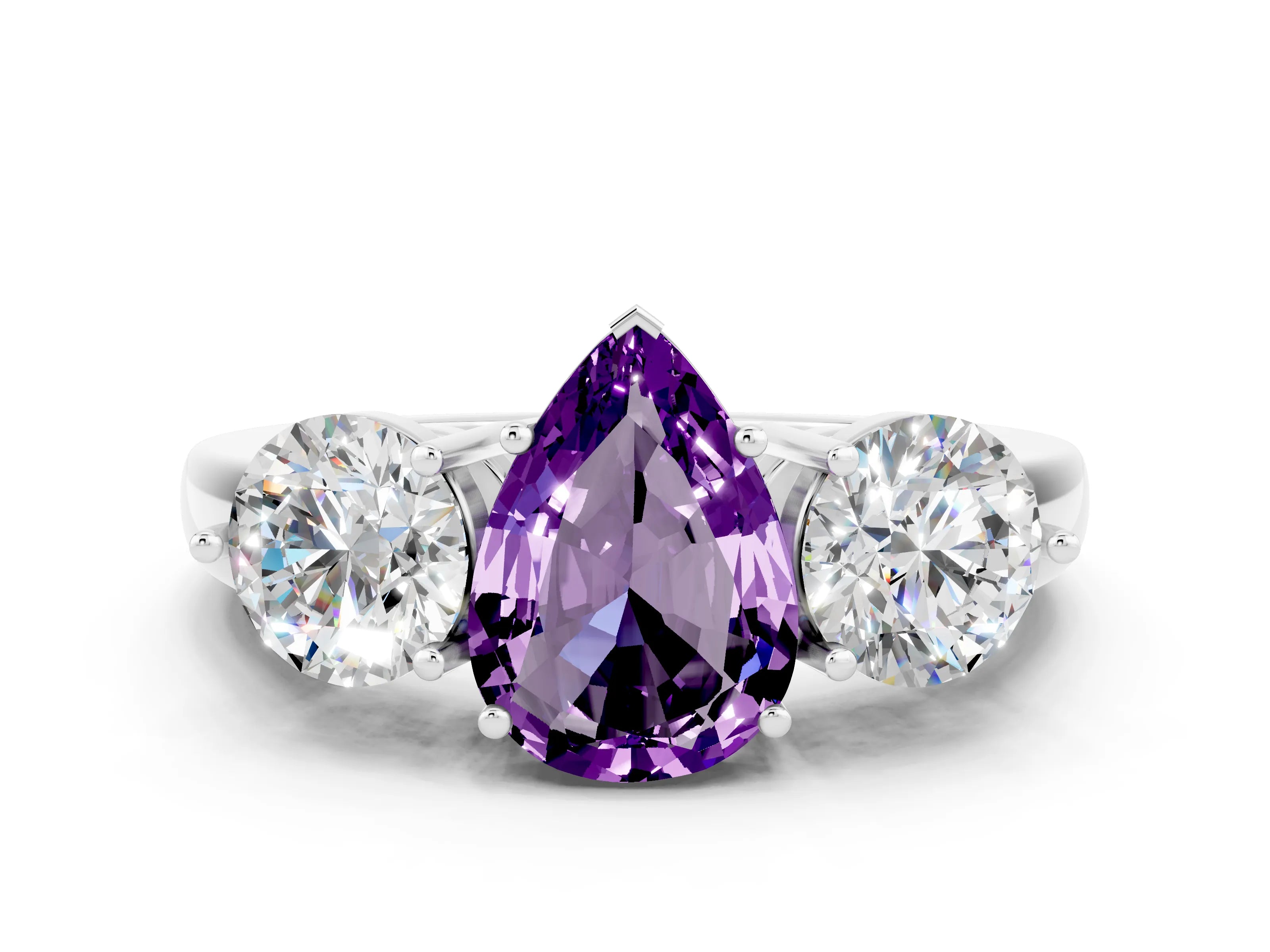 White gold Pear Cut Amethyst Three-Stone Ring with Prong Setting and Classic Band