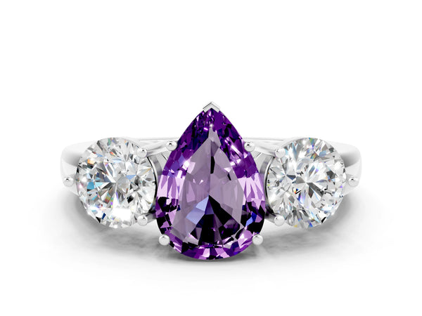 Platinum Pear Cut Amethyst Three-Stone Ring with Prong Setting and Classic Band