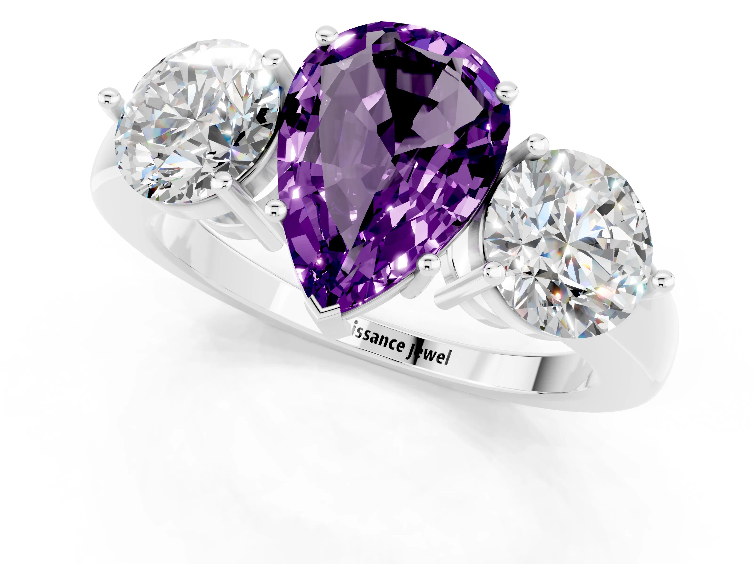 White gold Pear Cut Amethyst Three-Stone Ring with Prong Setting and Classic Band_1