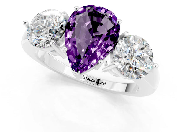 Platinum Pear Cut Amethyst Three-Stone Ring with Prong Setting and Classic Band