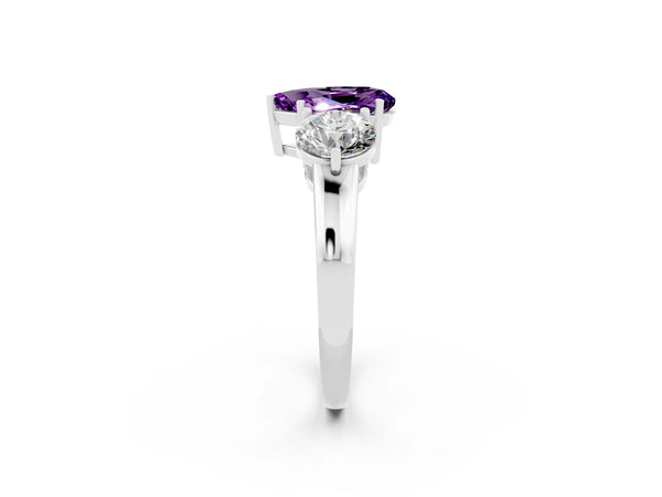 Silver Pear Cut Amethyst Three-Stone Ring with Prong Setting and Classic Band