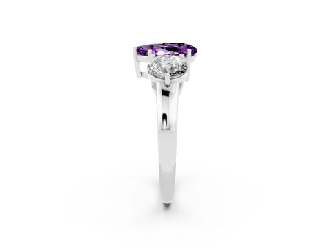 White gold Pear Cut Amethyst Three-Stone Ring with Prong Setting and Classic Band_2