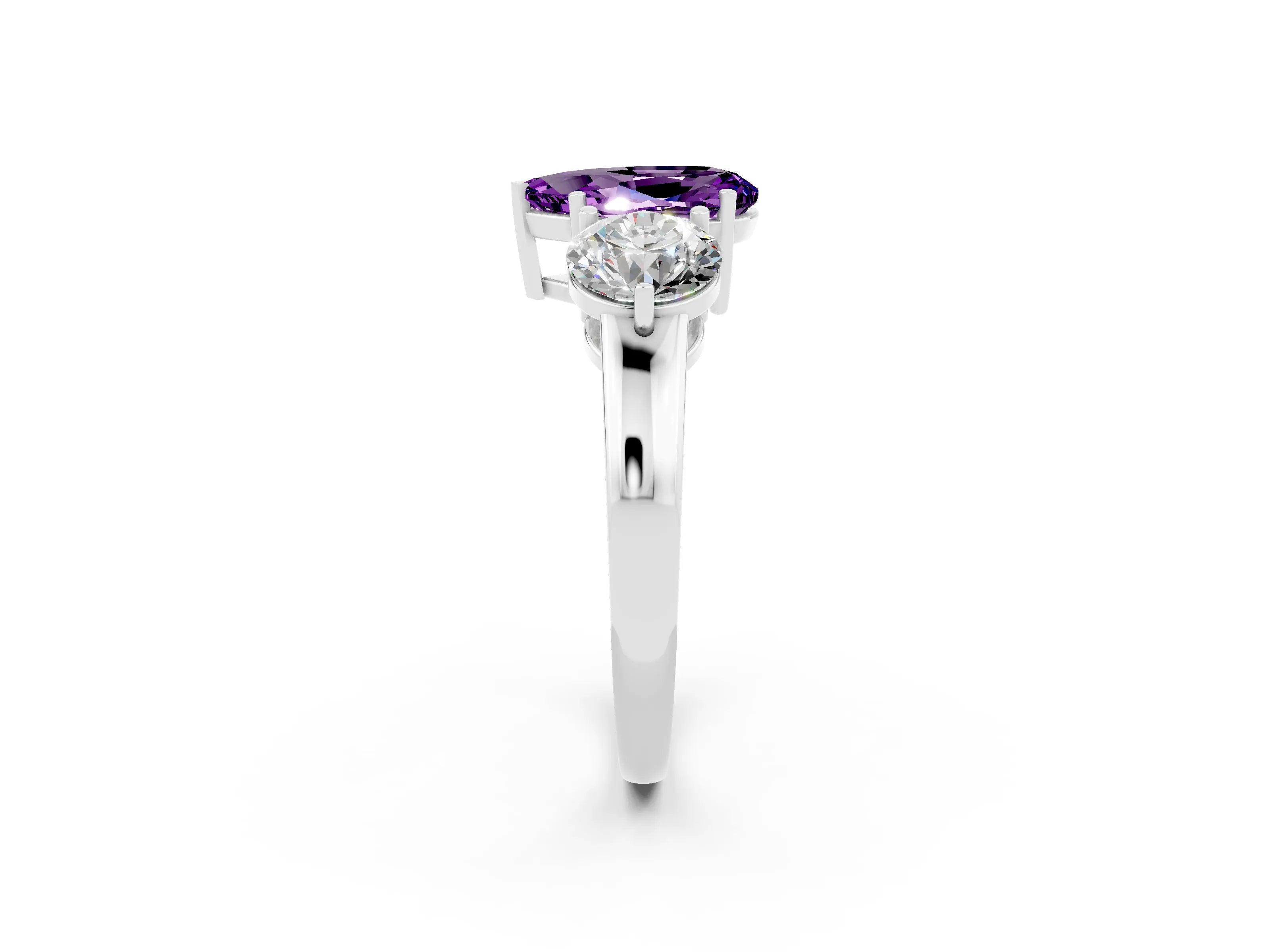 White gold Pear Cut Amethyst Three-Stone Ring with Prong Setting and Classic Band_2