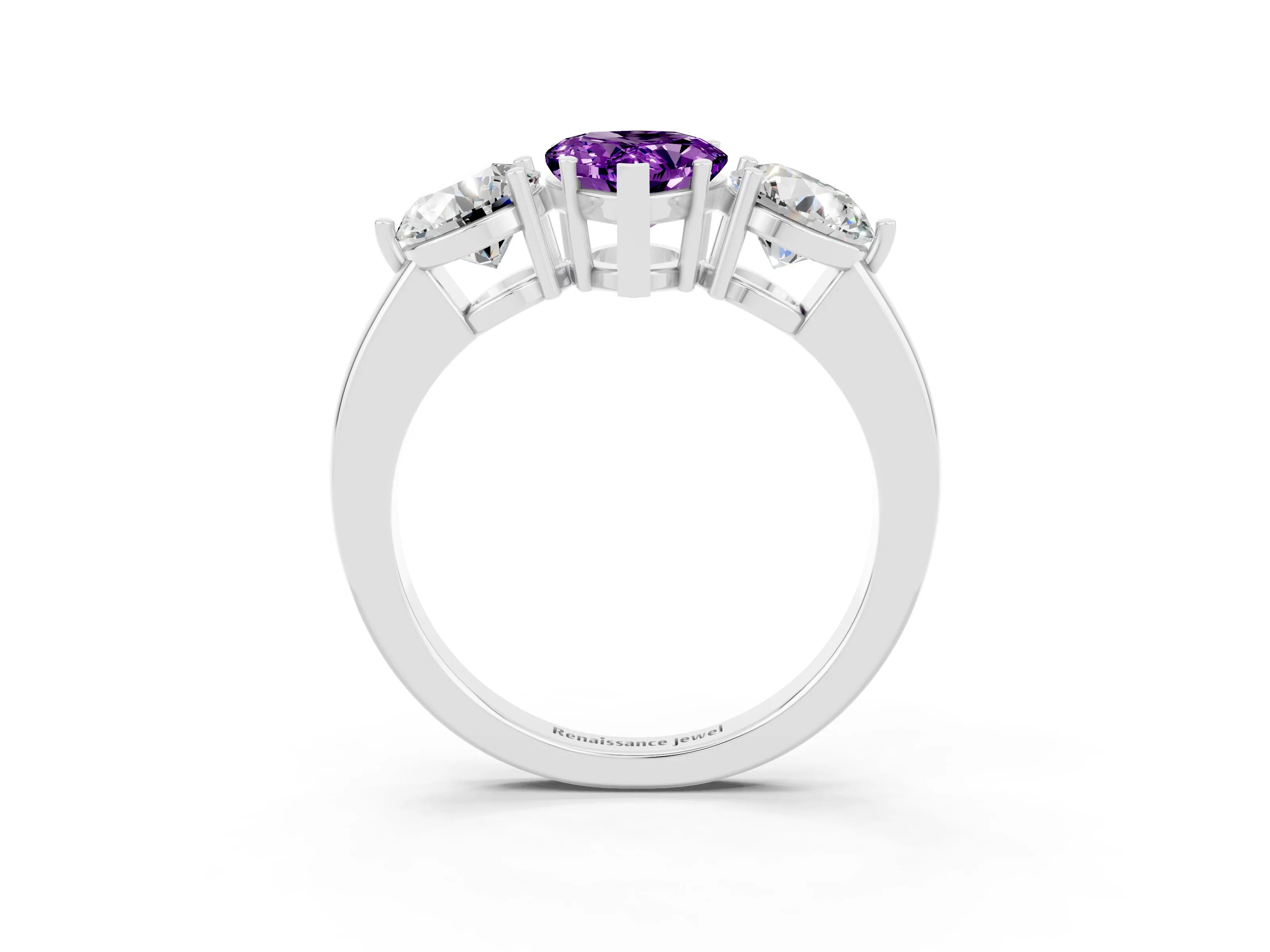 White gold Pear Cut Amethyst Three-Stone Ring with Prong Setting and Classic Band_3