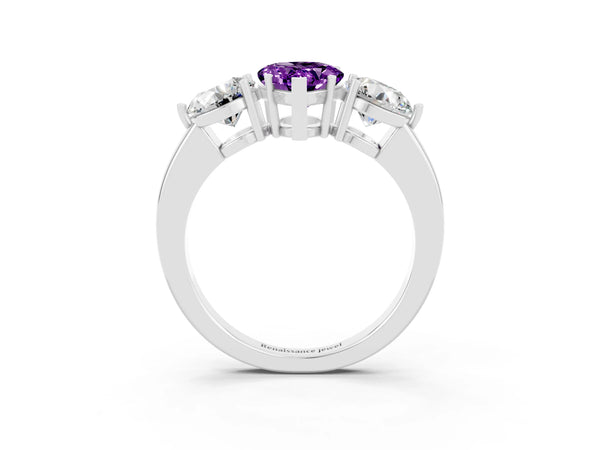 Platinum Pear Cut Amethyst Three-Stone Ring with Prong Setting and Classic Band