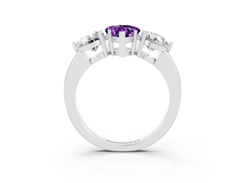 White gold Pear Cut Amethyst Three-Stone Ring with Prong Setting and Classic Band_3