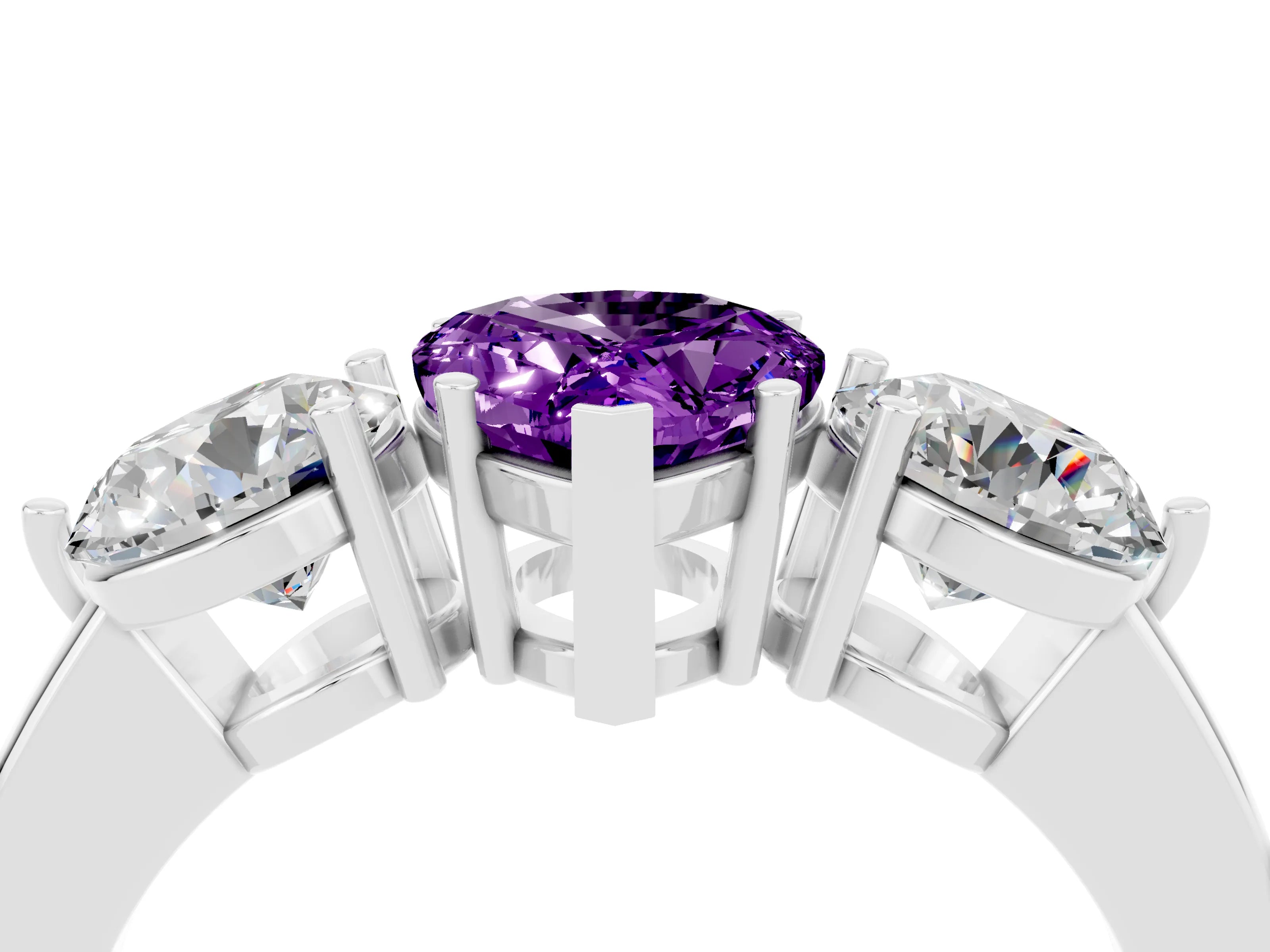 White gold Pear Cut Amethyst Three-Stone Ring with Prong Setting and Classic Band_4