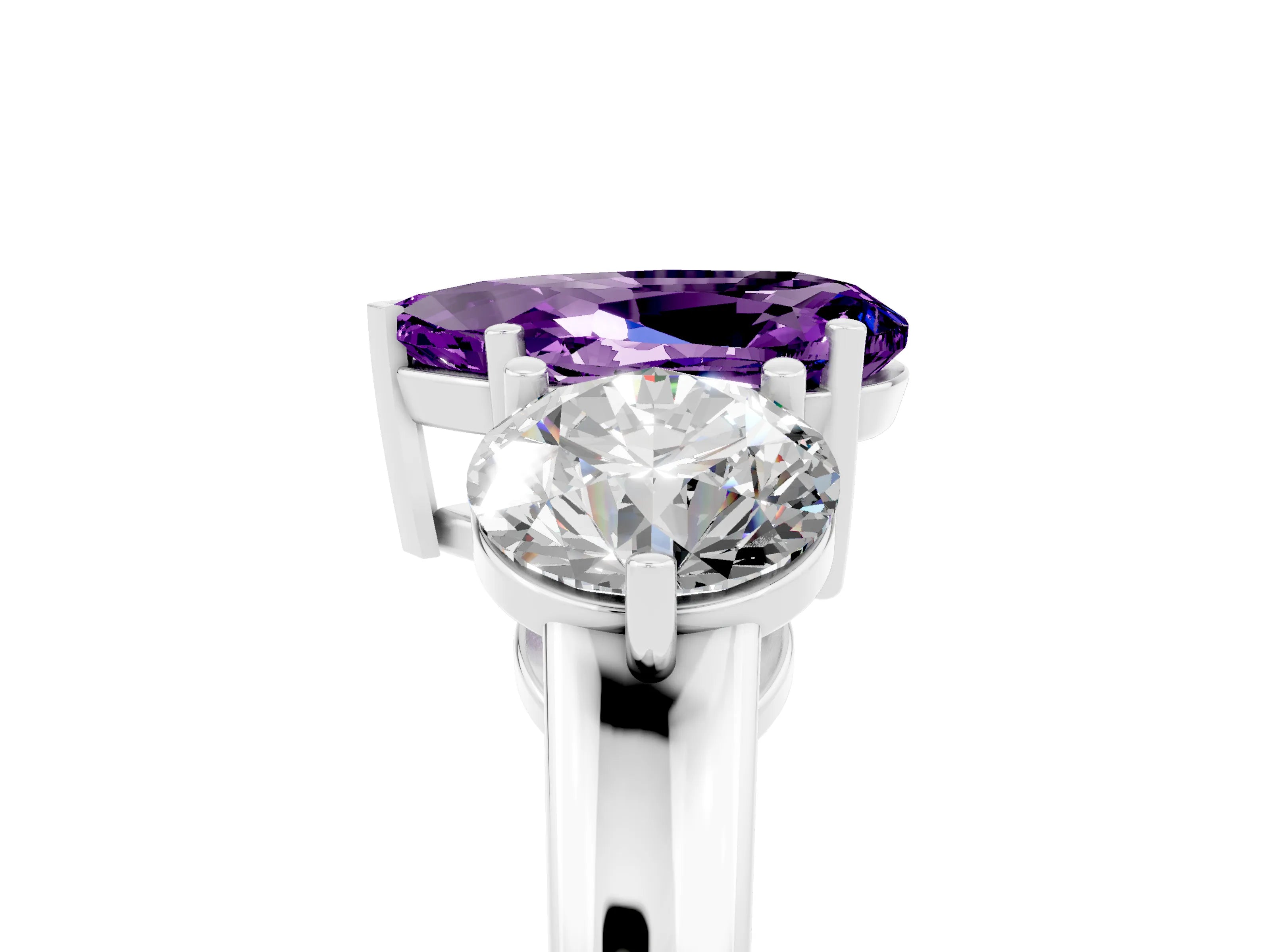 White gold Pear Cut Amethyst Three-Stone Ring with Prong Setting and Classic Band_5