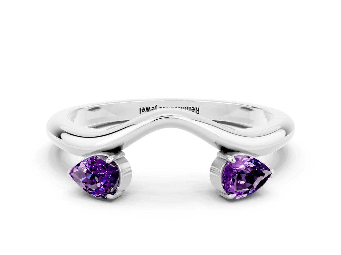 White gold Pear Cut Amethyst Two-Stone Open Band Ring with Prong Setting_6