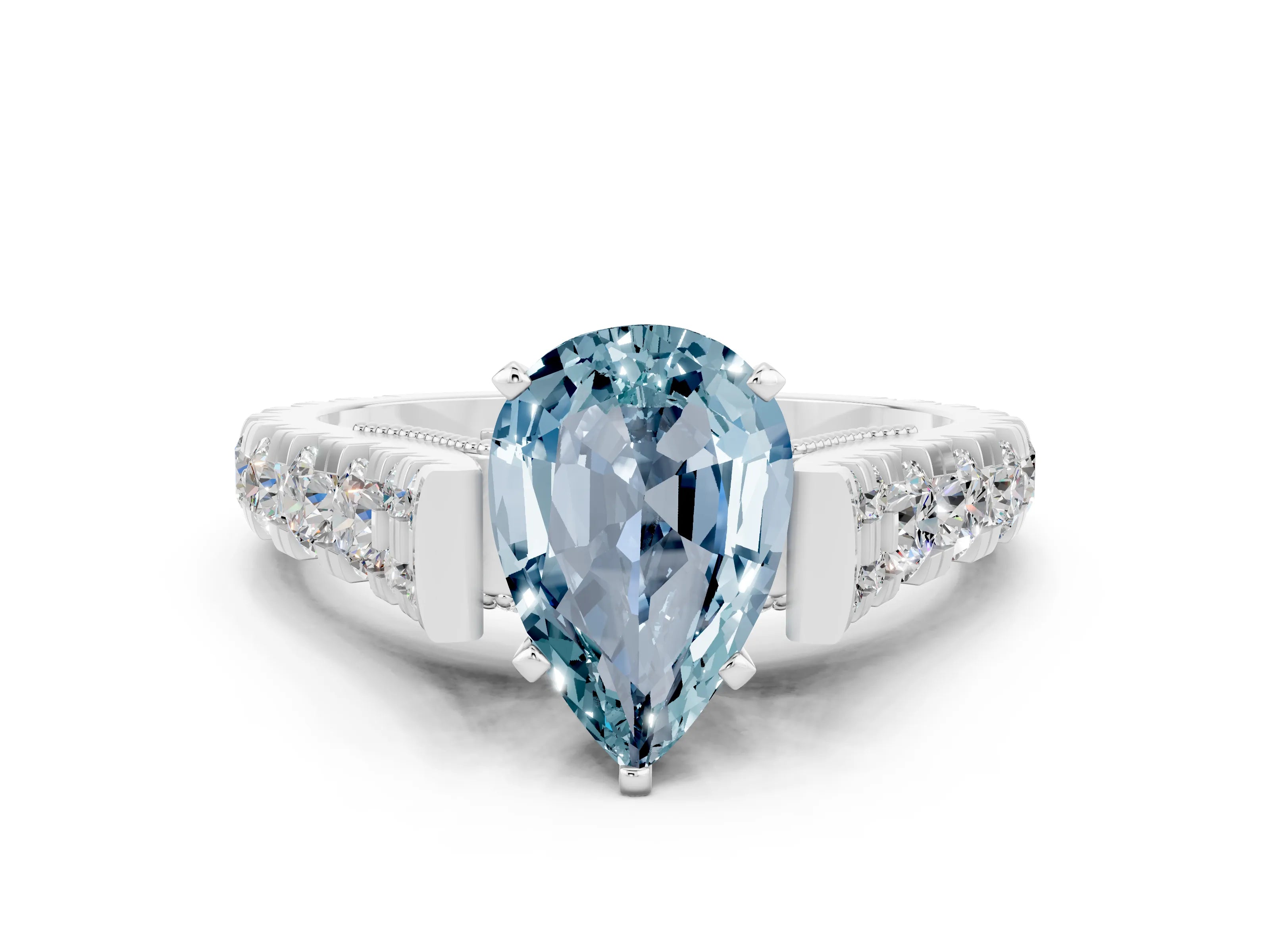 White gold Pear Cut Aquamarine Classic Solitaire Ring with Pavé Band and Four-Prong Setting