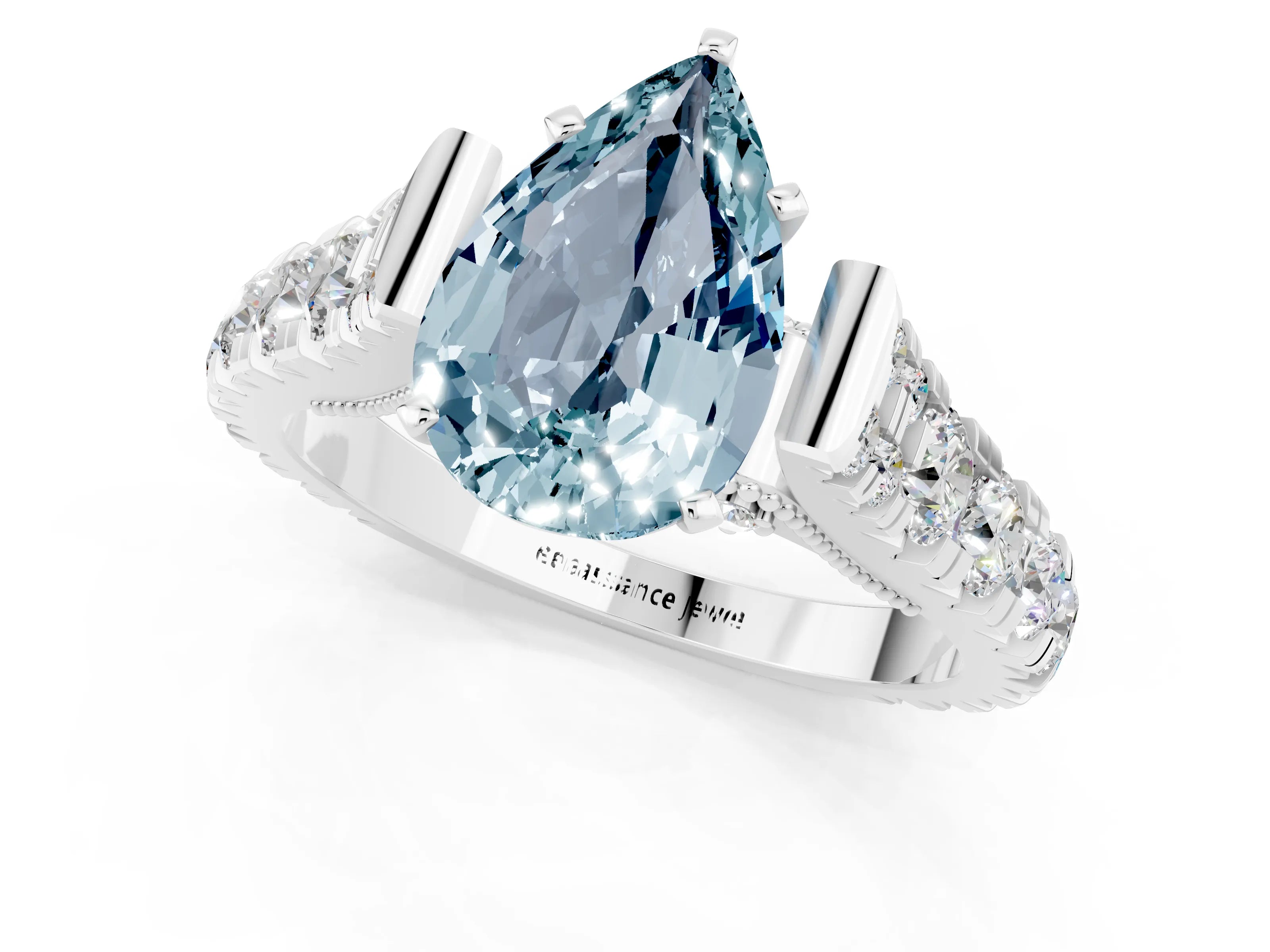 White gold Pear Cut Aquamarine Classic Solitaire Ring with Pavé Band and Four-Prong Setting_1
