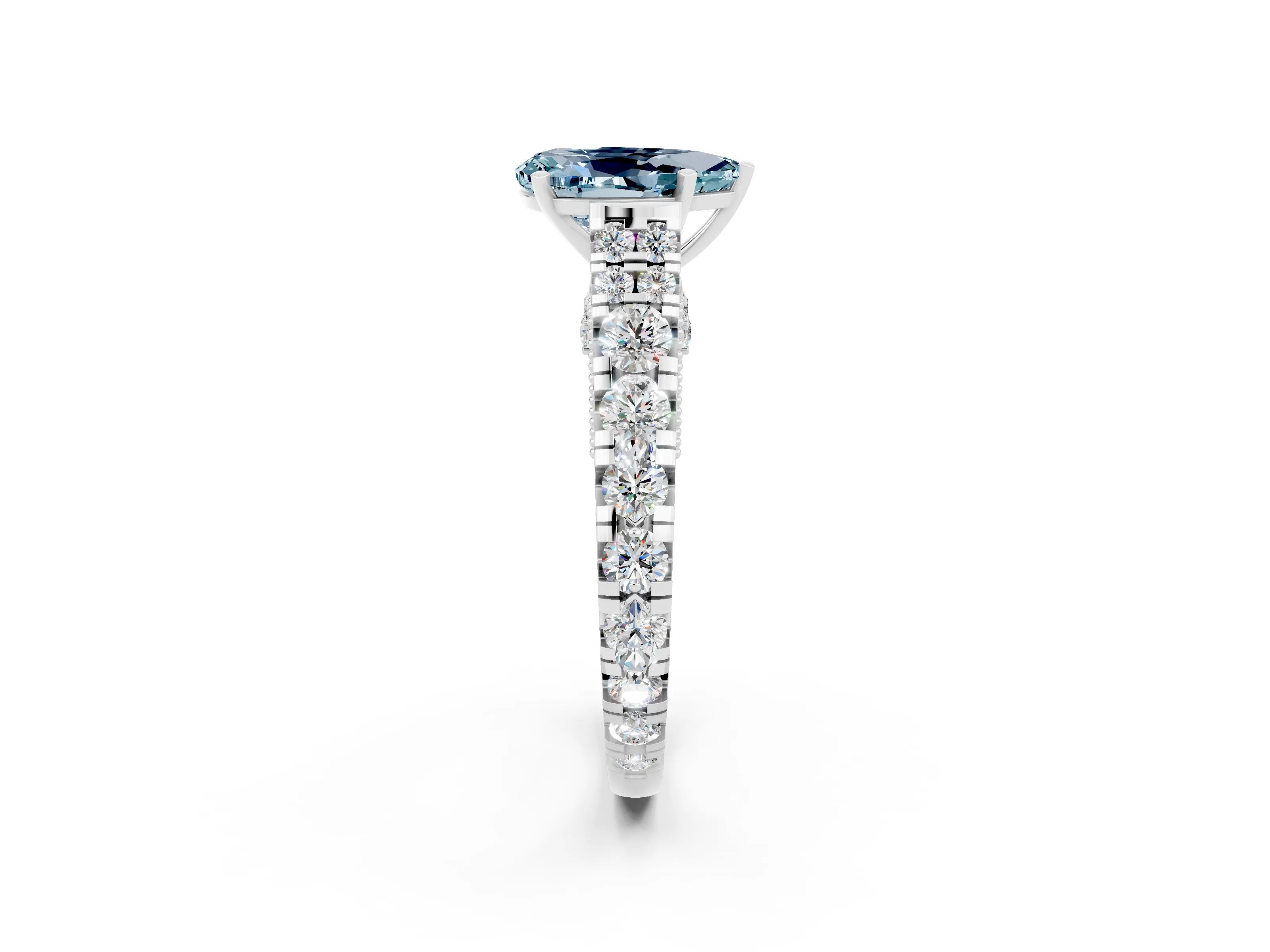 White gold Pear Cut Aquamarine Classic Solitaire Ring with Pavé Band and Four-Prong Setting_2