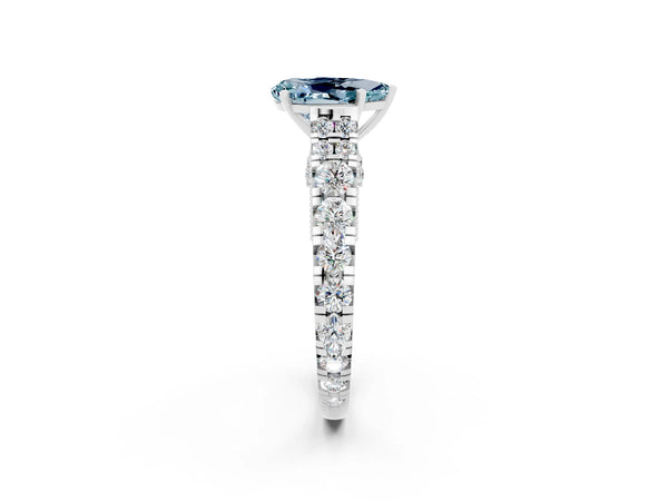 Silver Pear Cut Aquamarine Classic Solitaire Ring with Pavé Band and Four-Prong Setting