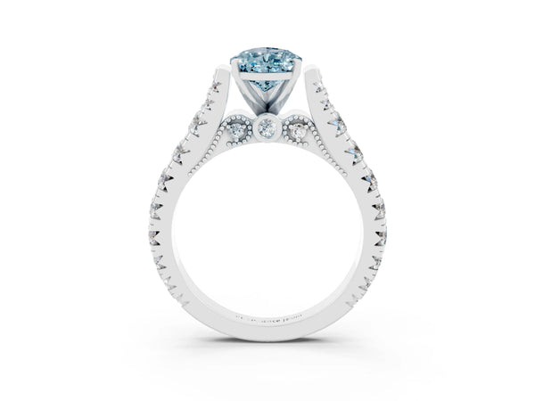 Platinum Pear Cut Aquamarine Classic Solitaire Ring with Pavé Band and Four-Prong Setting