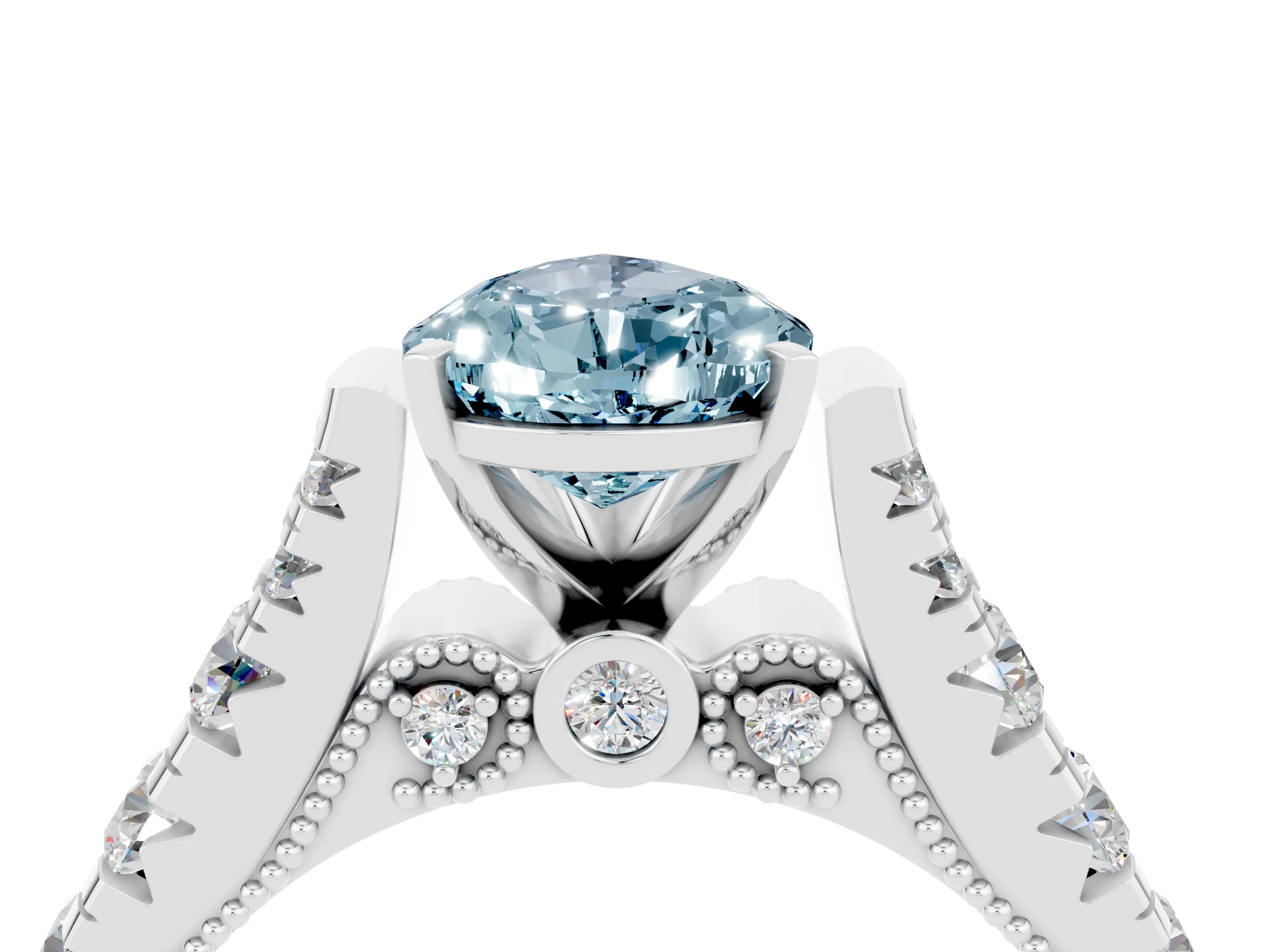 White gold Pear Cut Aquamarine Classic Solitaire Ring with Pavé Band and Four-Prong Setting_4