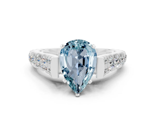 Silver Pear Cut Aquamarine Classic Solitaire Ring with Pavé Band and Four-Prong Setting