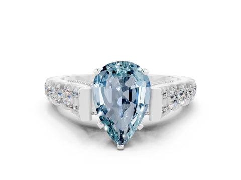 White gold Pear Cut Aquamarine Classic Solitaire Ring with Pavé Band and Four-Prong Setting