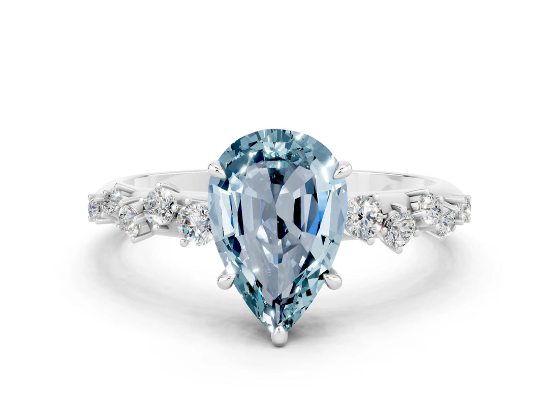 White gold Pear Cut Aquamarine Cluster Side Stone Solitaire Ring with Prong Setting_24