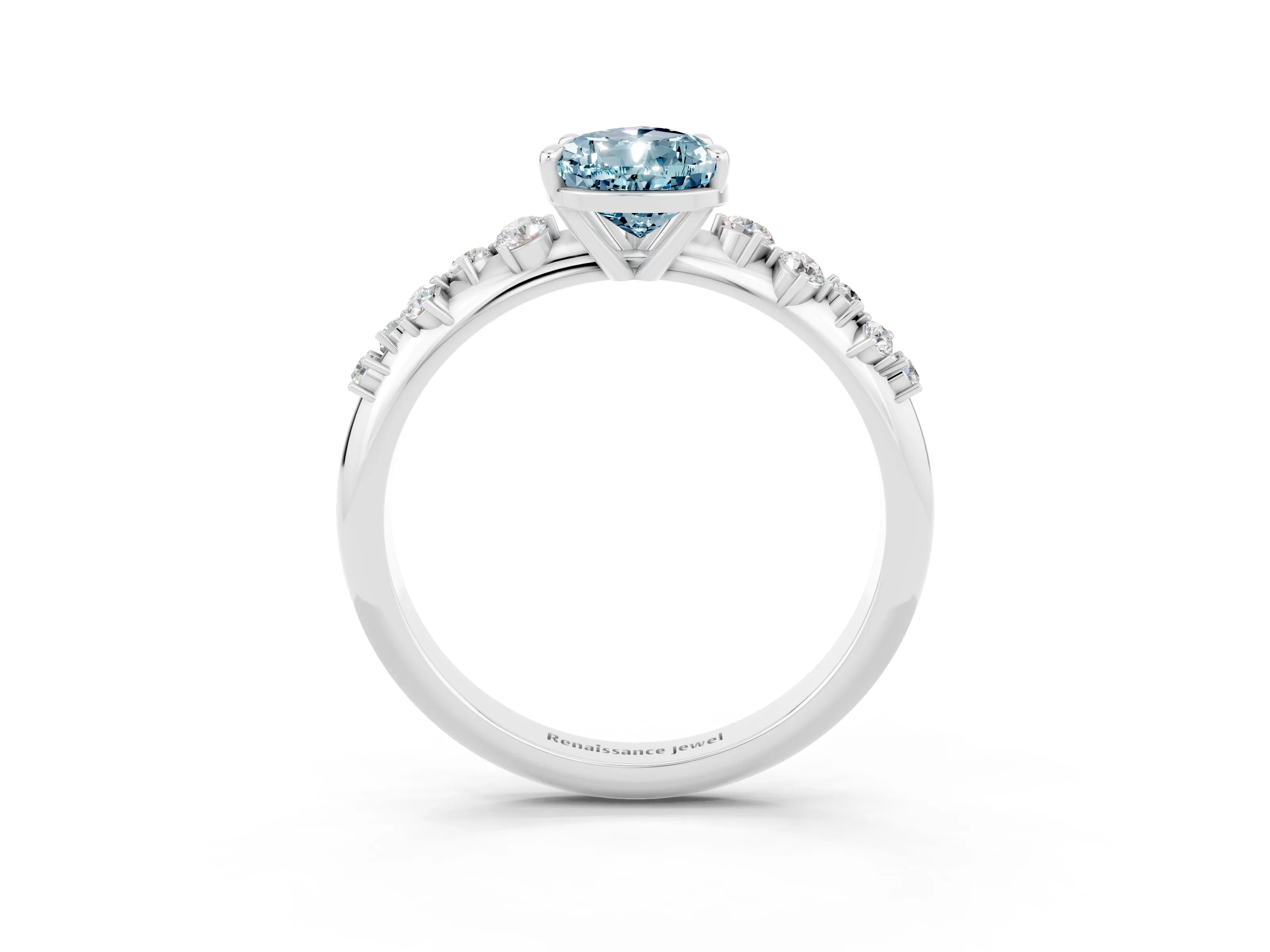 White gold Pear Cut Aquamarine Cluster Side Stone Solitaire Ring with Prong Setting_27