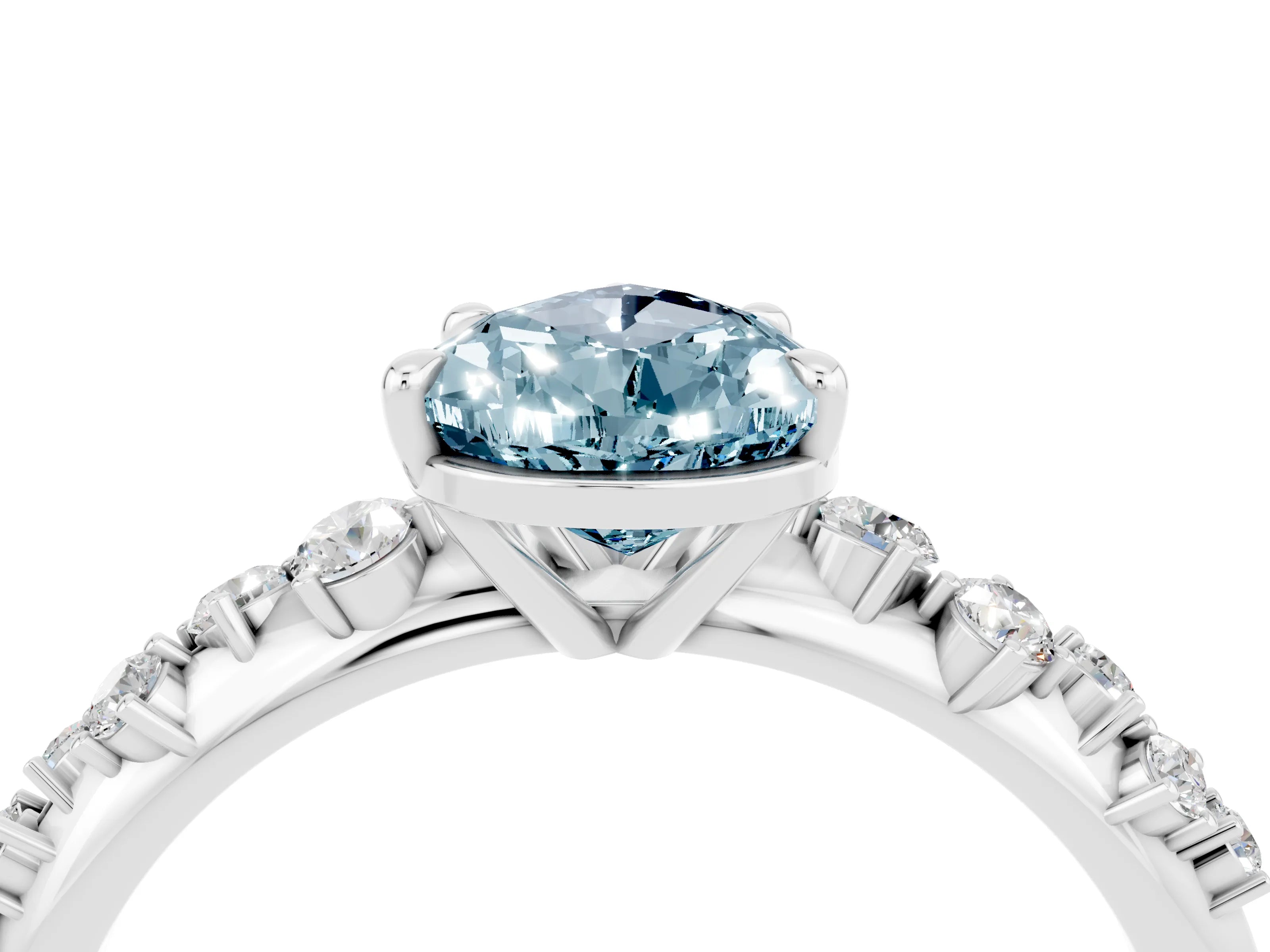 White gold Pear Cut Aquamarine Cluster Side Stone Solitaire Ring with Prong Setting_28