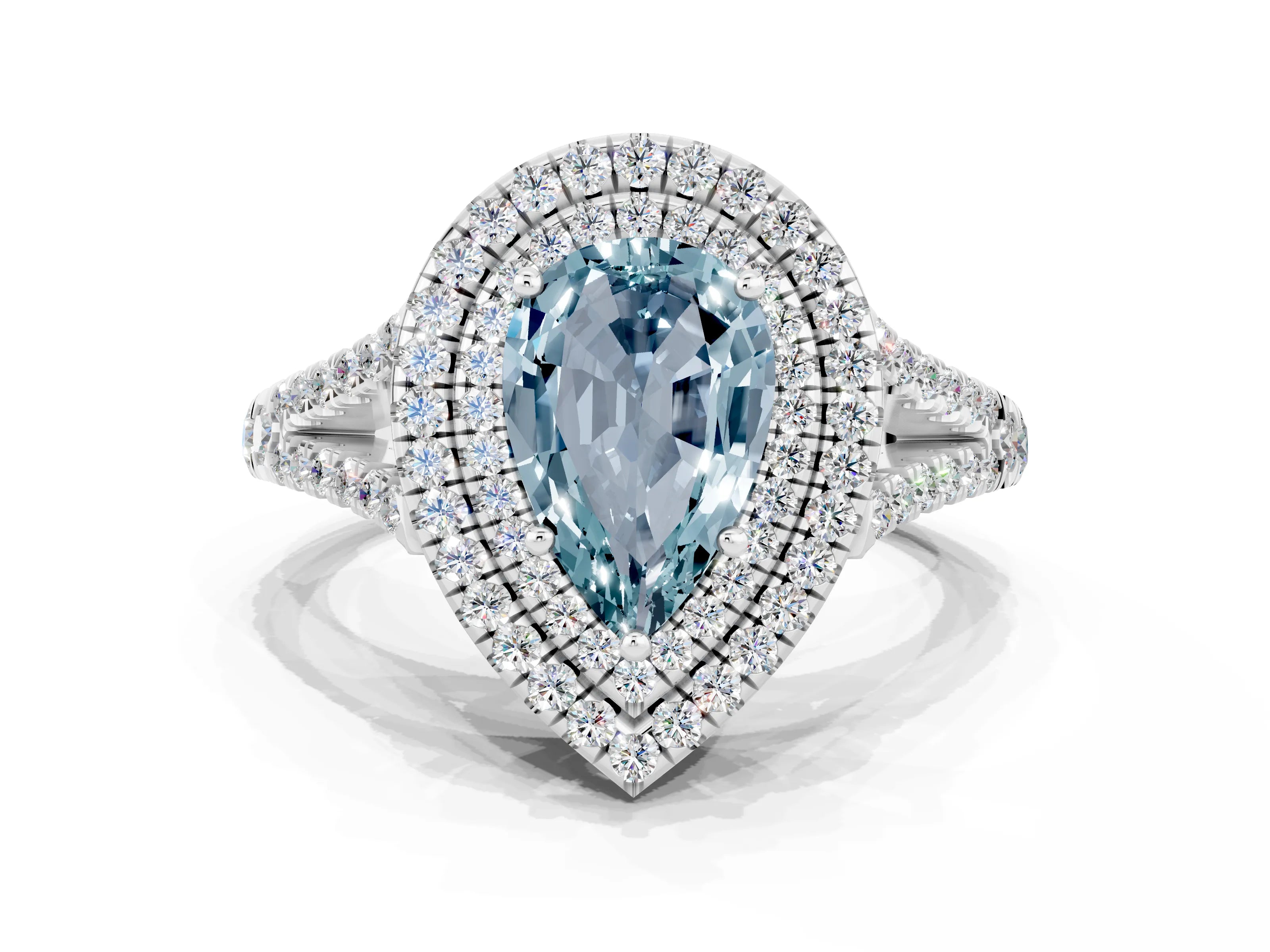 White gold Pear Cut Aquamarine Double Halo Ring with Pavé Band and Prong Setting_12