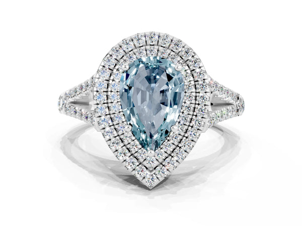 White gold Pear Cut Aquamarine Double Halo Ring with Pavé Band and Prong Setting