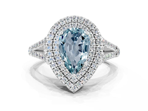 White gold Pear Cut Aquamarine Double Halo Ring with Pavé Band and Prong Setting_12