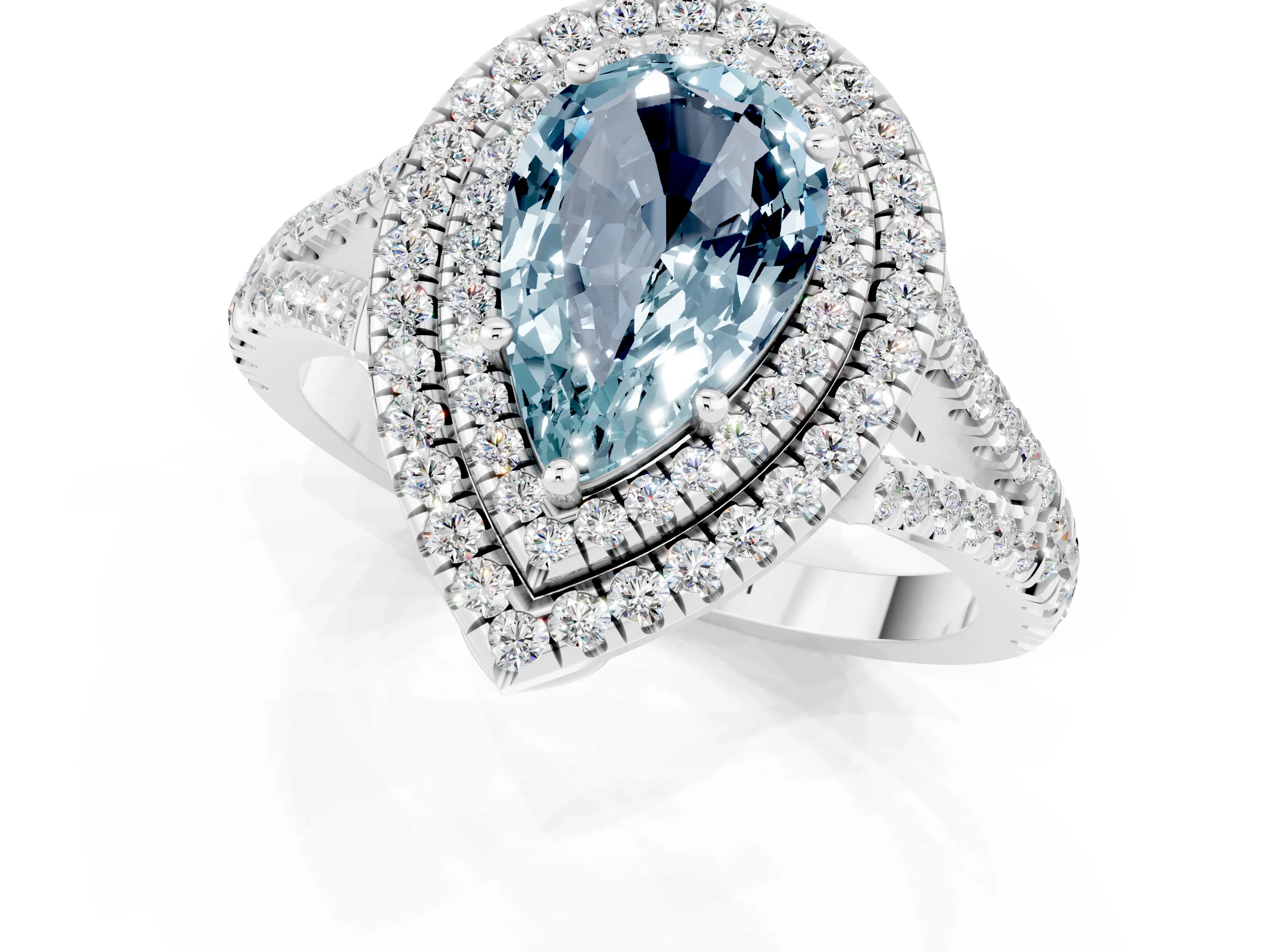 White gold Pear Cut Aquamarine Double Halo Ring with Pavé Band and Prong Setting_13