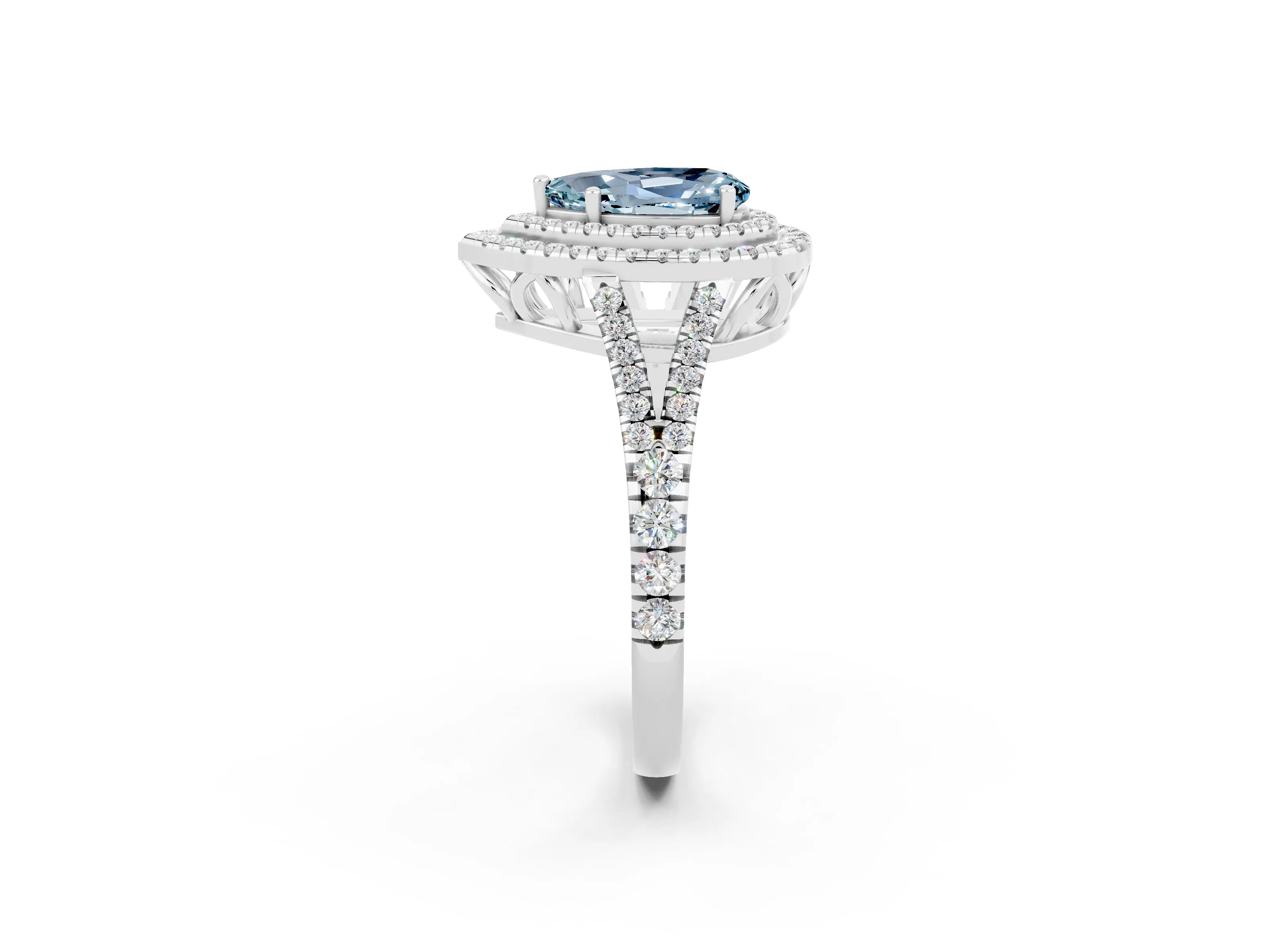 White gold Pear Cut Aquamarine Double Halo Ring with Pavé Band and Prong Setting_14